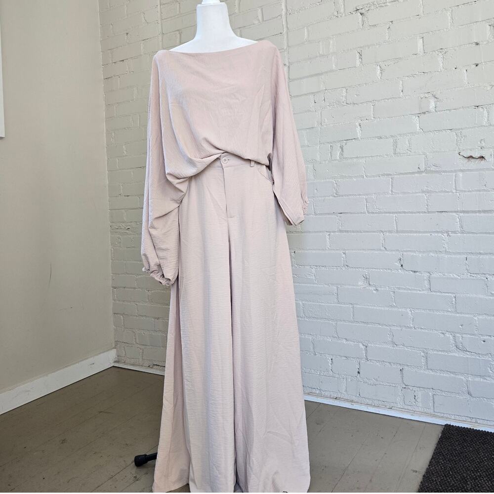 CHICME Neutral Beige Drape Front Long Sleeve Top & Pants┃Quiet Luxury Clean Girl